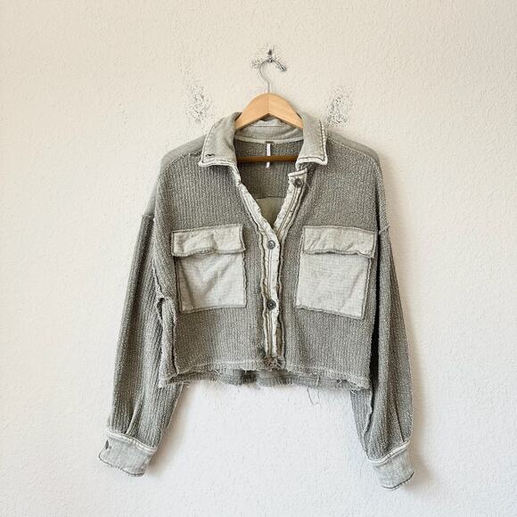 FREE PEOPLE Nomad Shirt Jacket Thyme Green Button Up Cropped Shacket - Picture 1 of 11